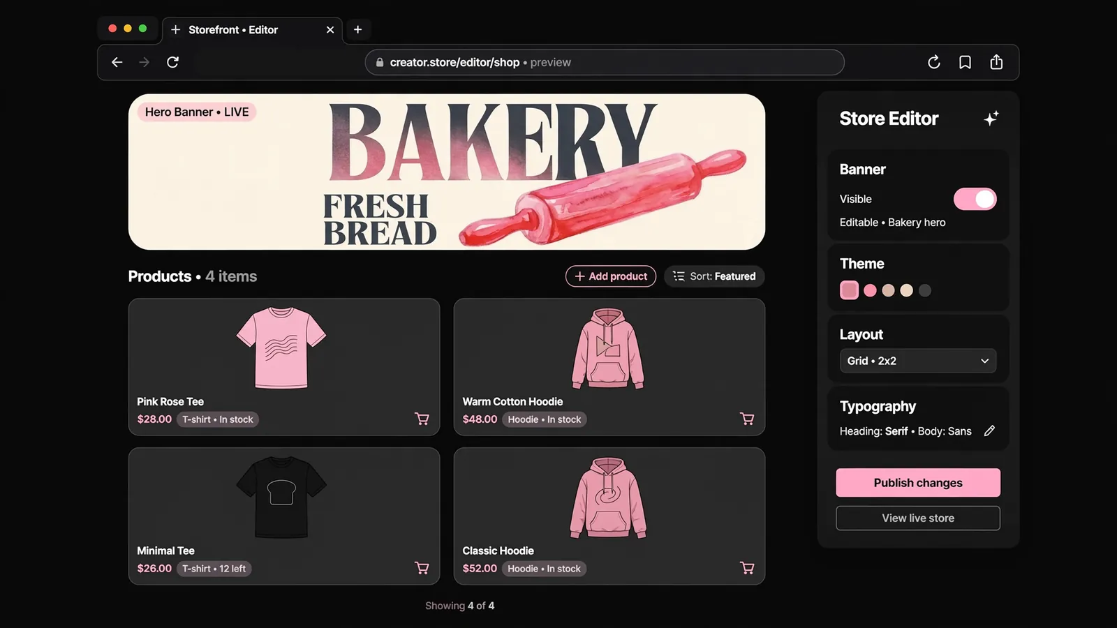 A creator storefront with a hero banner and a grid of priced products