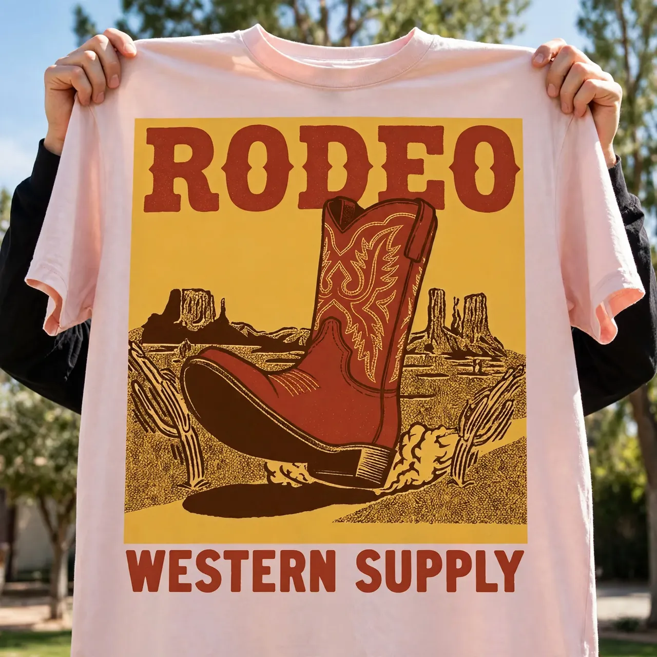 Creator holding up a pale pink custom tee with a large boot graphic in daylight