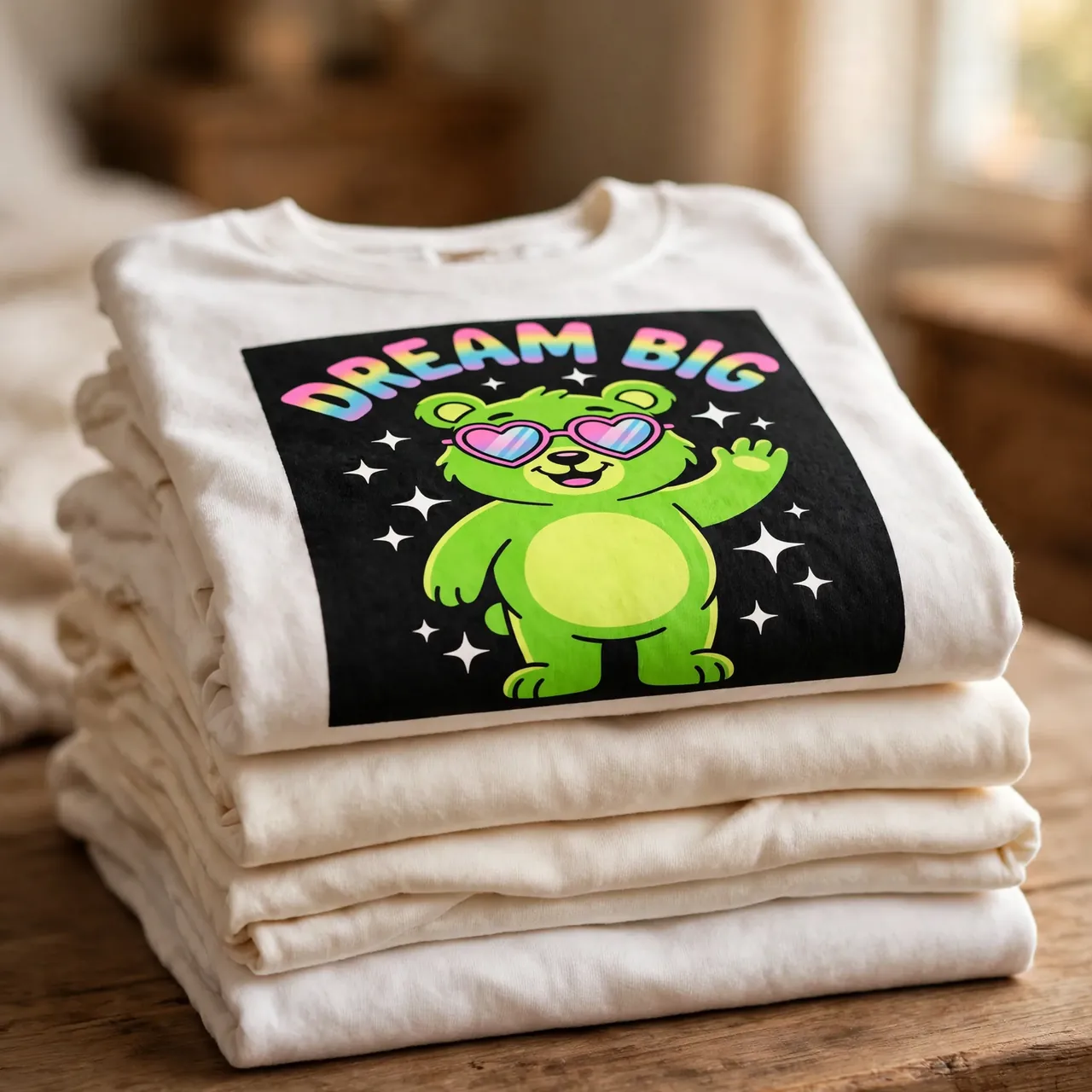 Neat stack of folded custom graphic tees fresh from printing