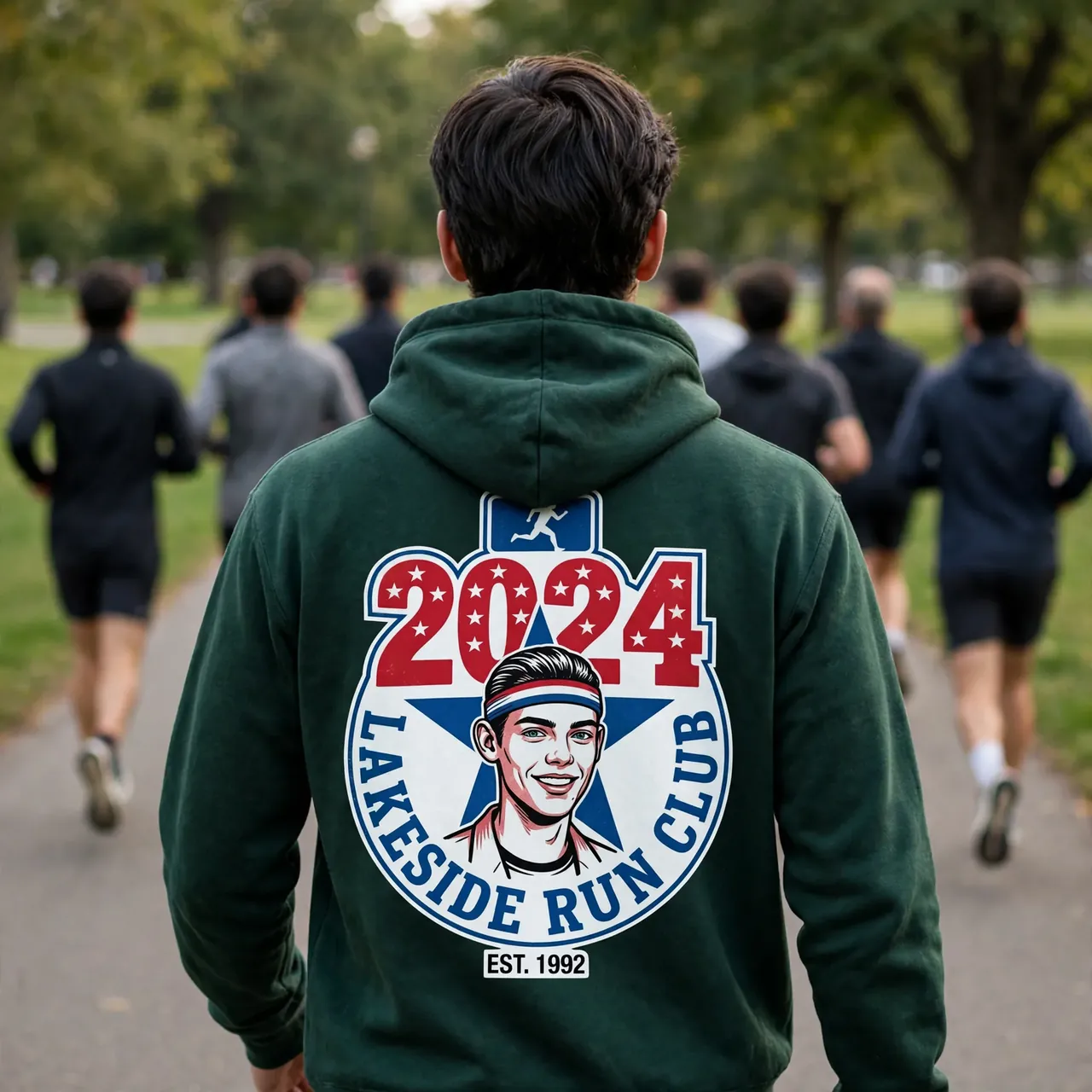 Runner seen from behind in a dark green club hoodie with a bold back graphic