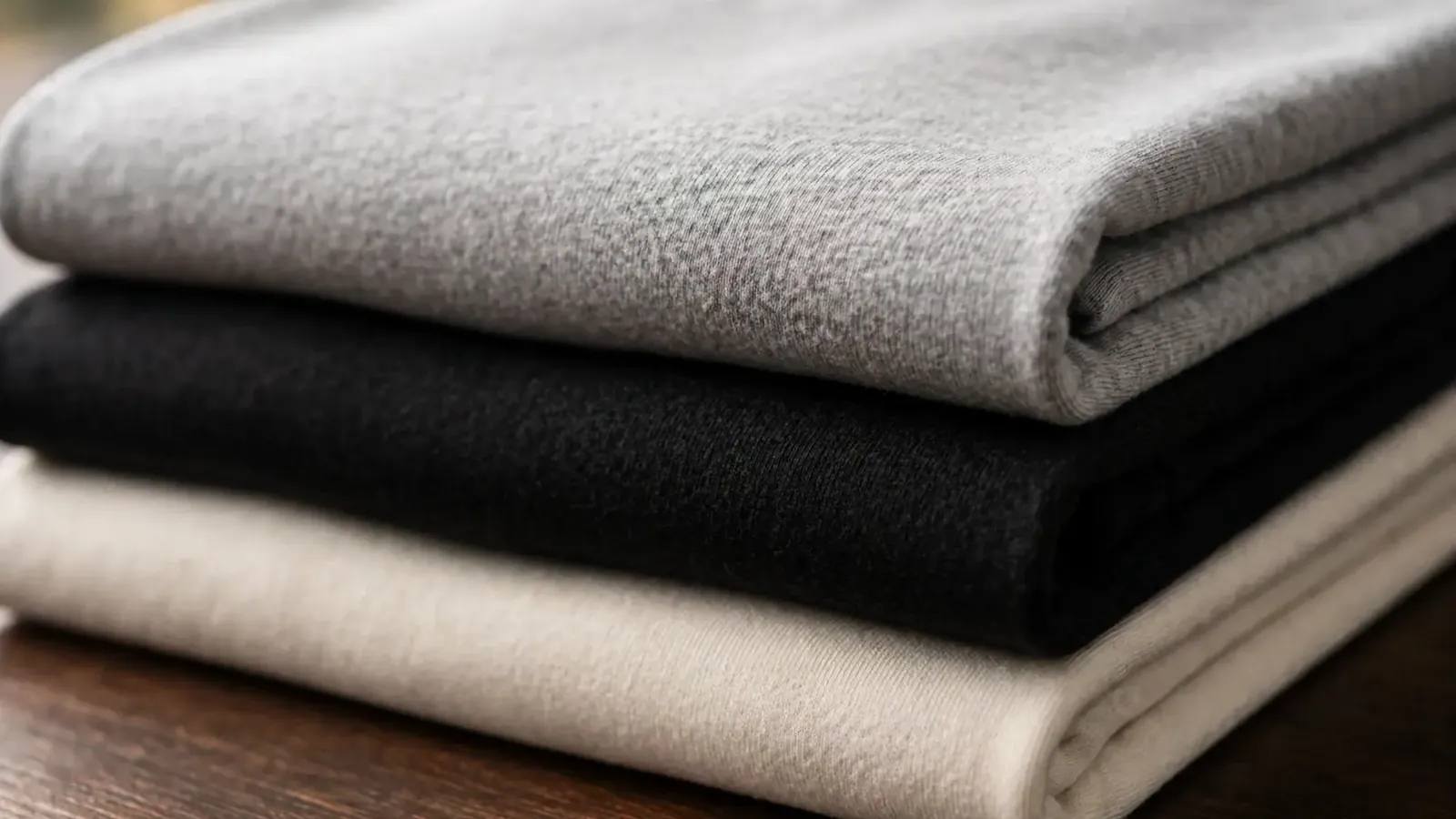 Close-up of neatly folded blank tees in cream, black and gray