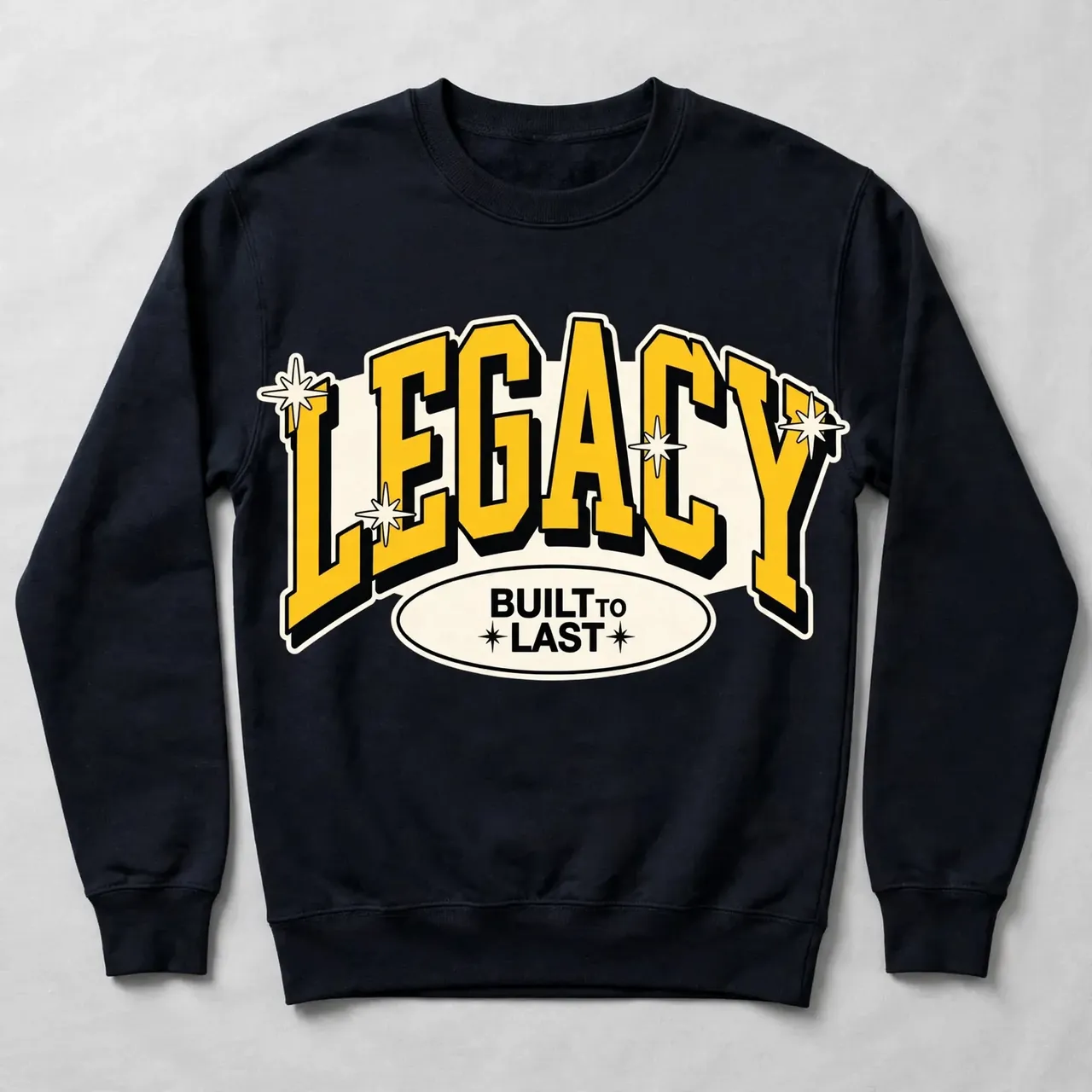 Dark crewneck sweatshirt with a large wordmark graphic