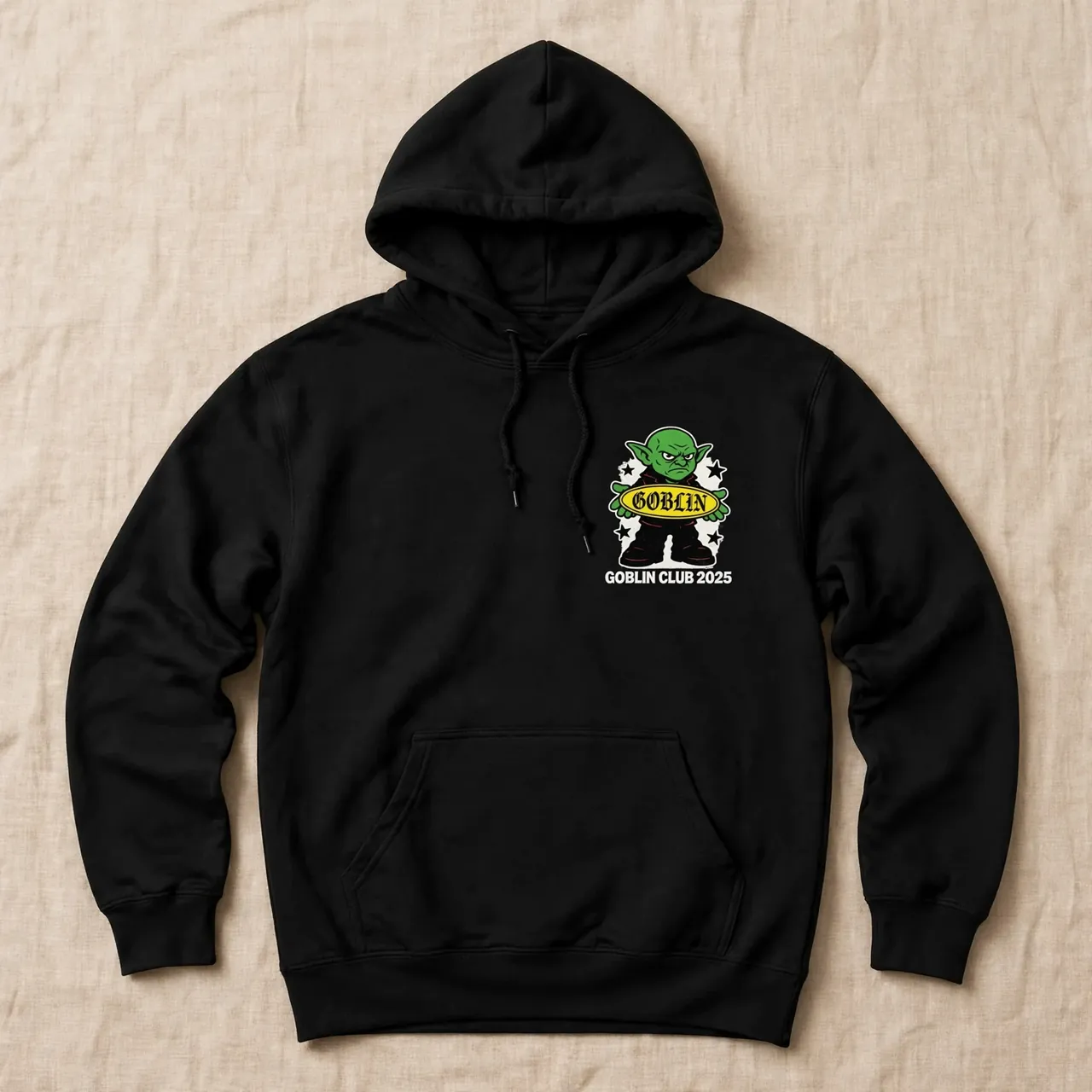 Black pullover hoodie with a small mascot graphic on the chest