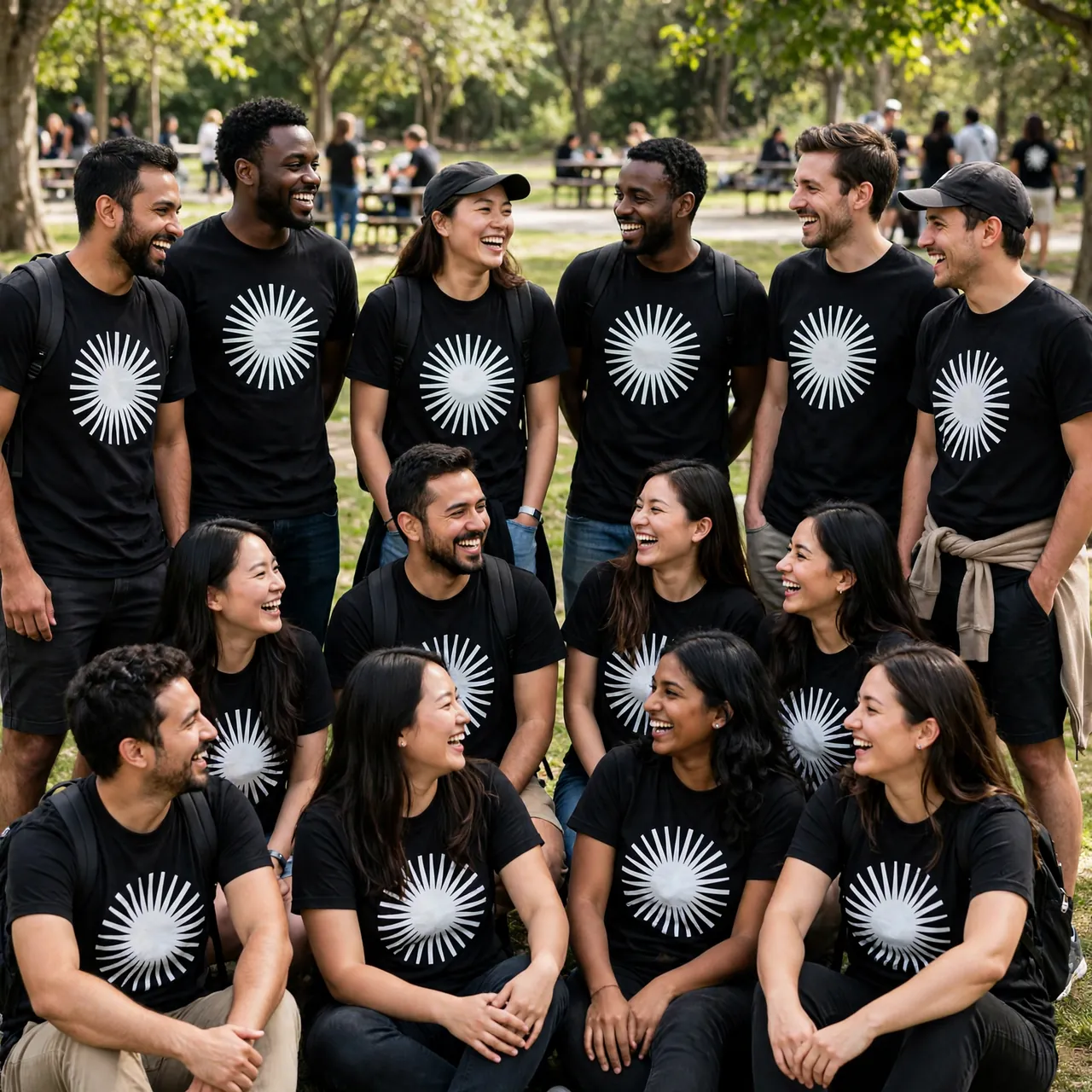 Group of friends outdoors wearing matching black custom tees