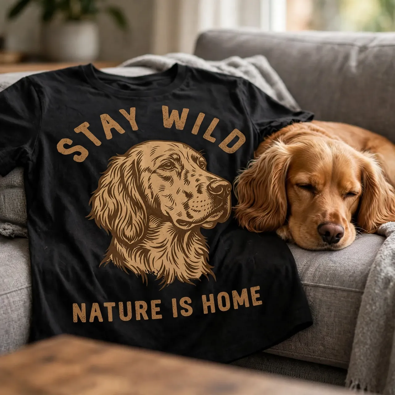 Black tee with a spaniel portrait print beside a golden spaniel