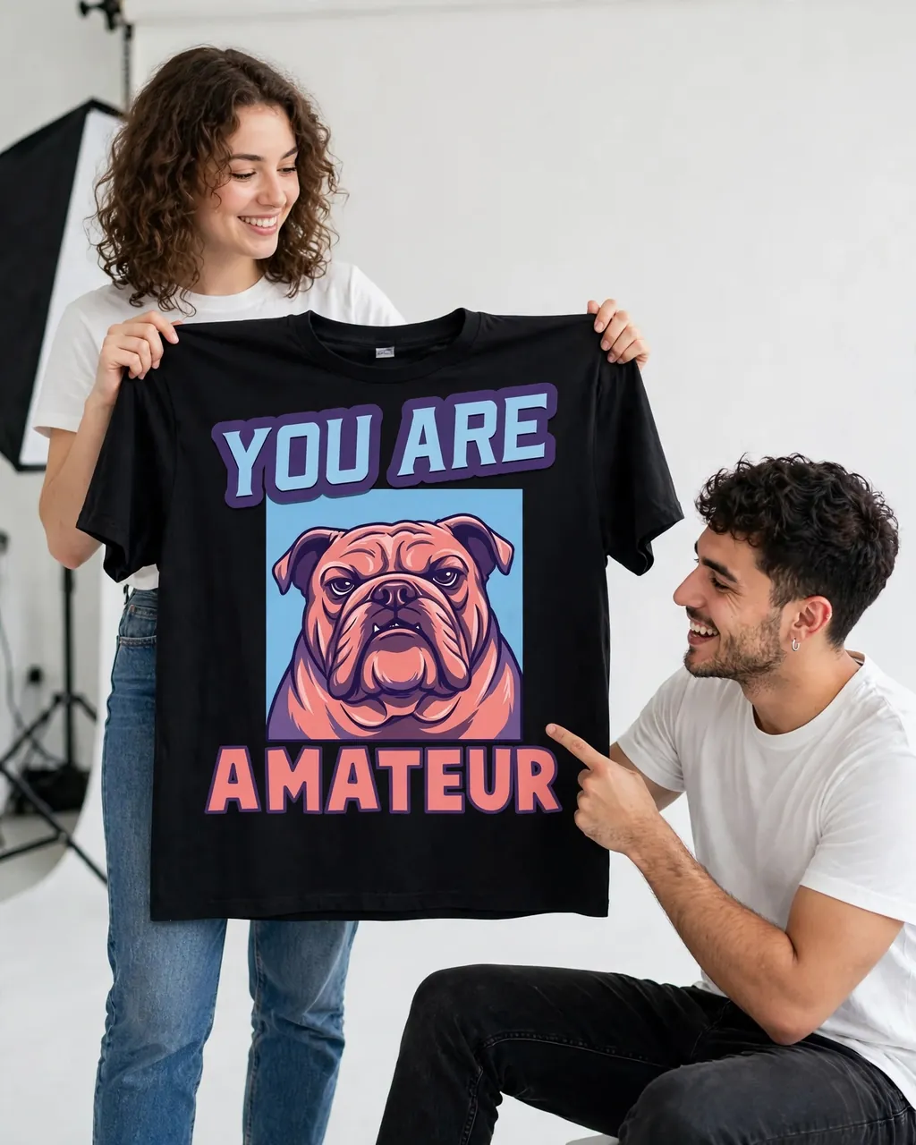 Two models showing off a black photo-collage tee