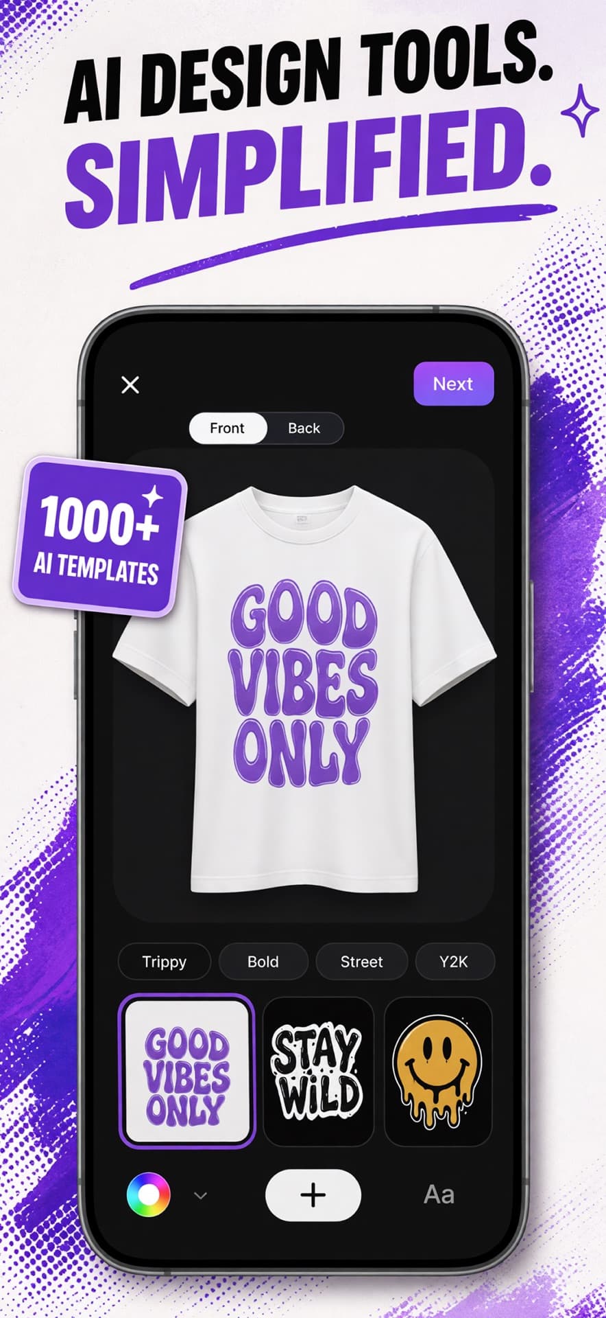 MRCH App Store screenshot: AI design tools on a t-shirt canvas with style templates