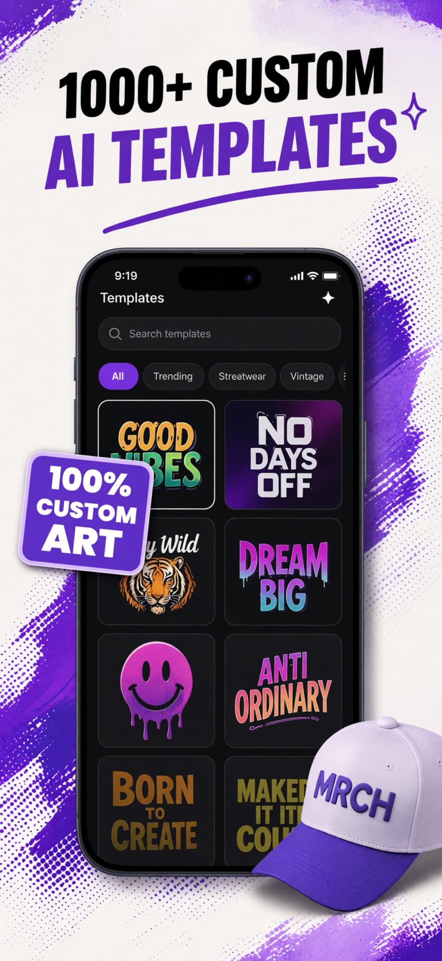 MRCH App Store screenshot: Browse custom AI merch templates