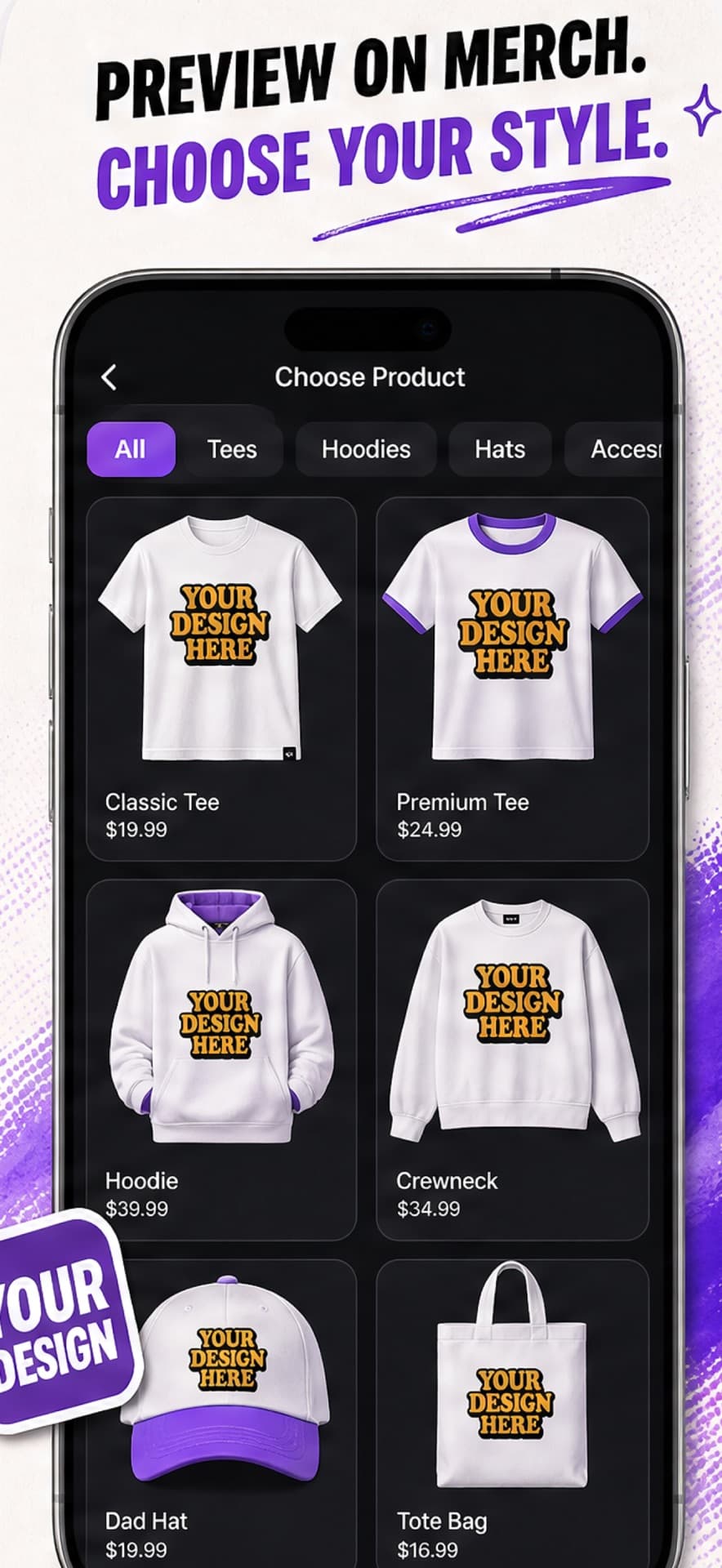 MRCH App Store screenshot: Preview a design on tees, hoodies, hats, and totes