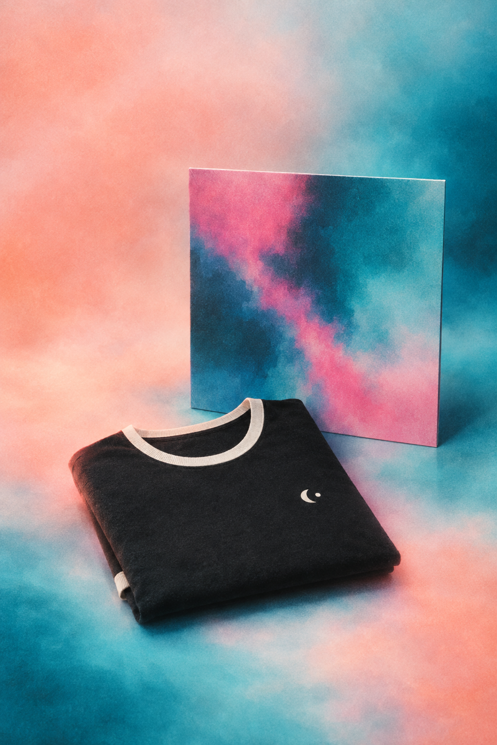 Folded ringer t-shirt with a crescent-and-dot chest logo beside a standing album sleeve