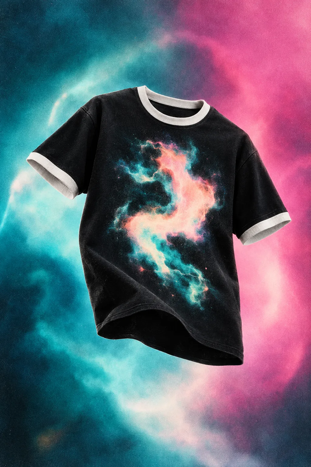 Black ringer t-shirt with a peach and aqua nebula print landing on the chest