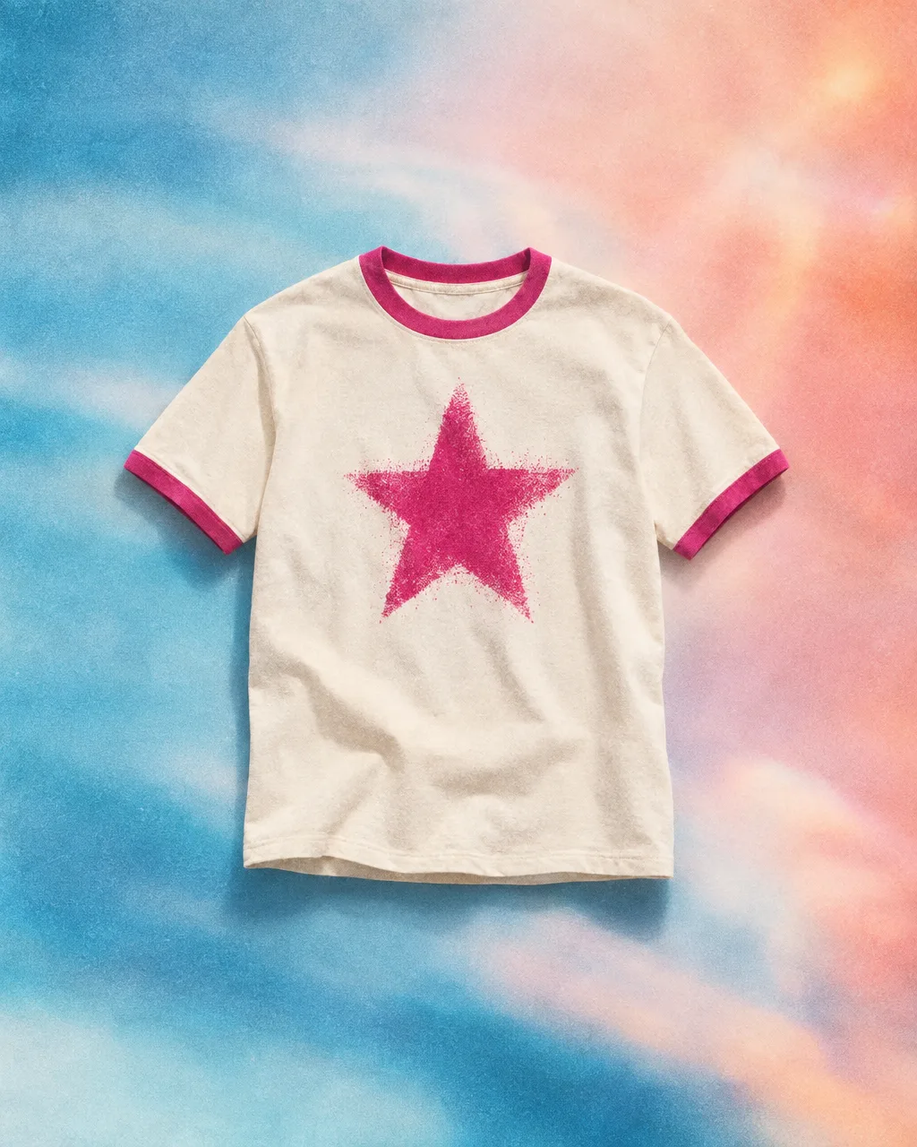Cream ringer t-shirt with a bold magenta star, presented as a live listing still