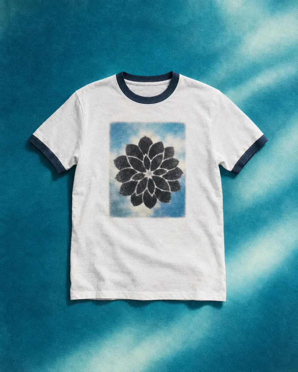 White ringer tee with a black geometric flower composed inside a rectangular print area