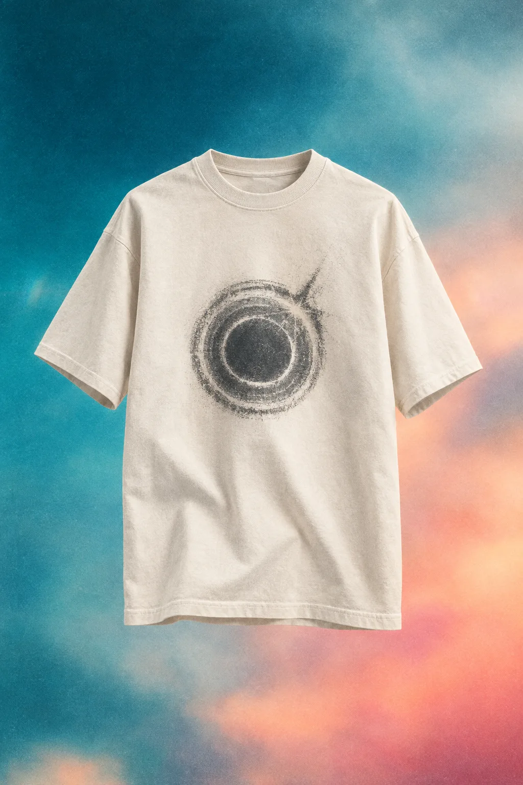 Off-white heavyweight t-shirt with a charcoal sun-disc print sitting on the garment as a product