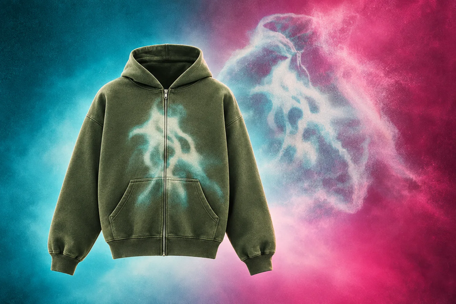 Olive zip hoodie in focus with a matching graphic dissolving into mist behind it