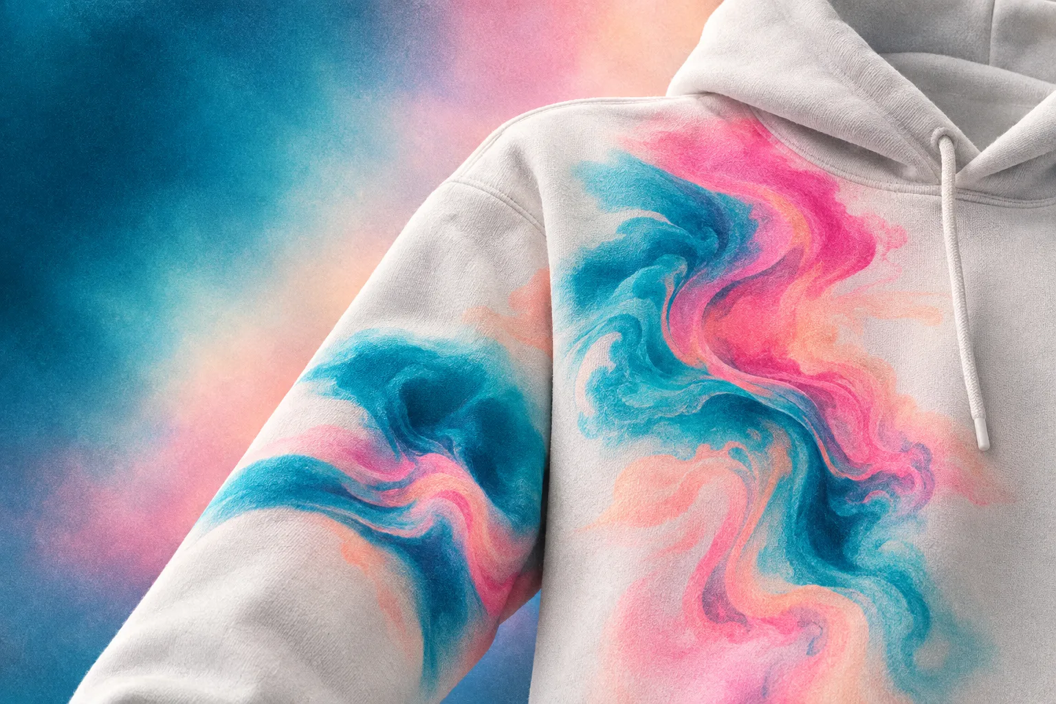 White hoodie with a swirling cyan-pink generative print on the chest and sleeve
