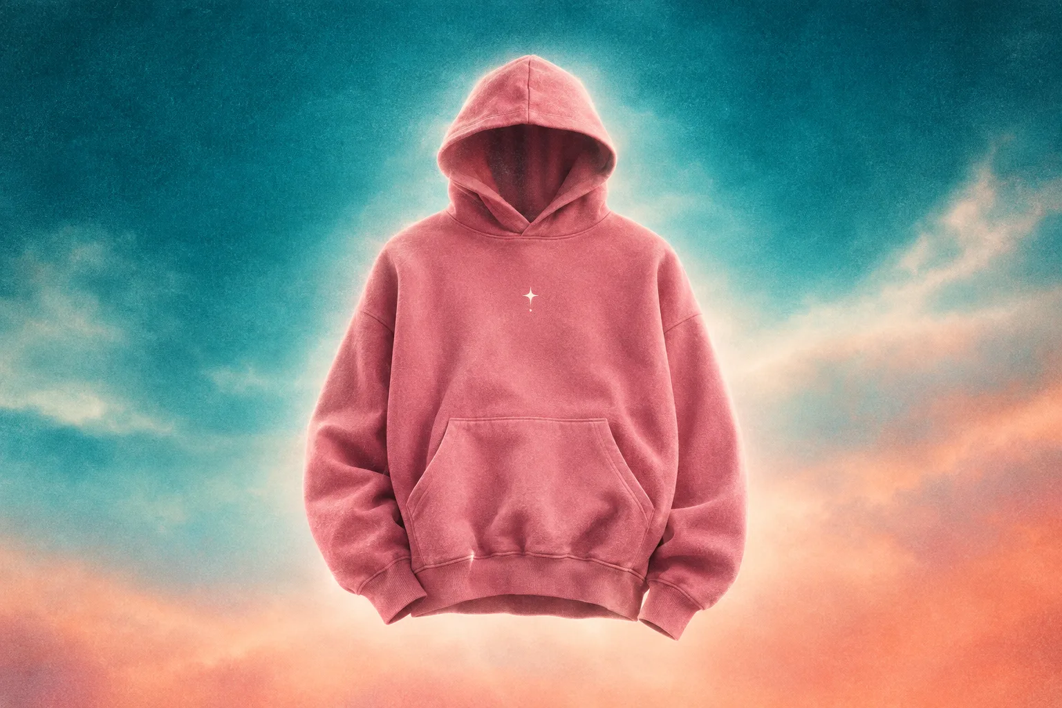 Dusty-rose hoodie with hood up and a small star-dot print on an aqua-peach sky
