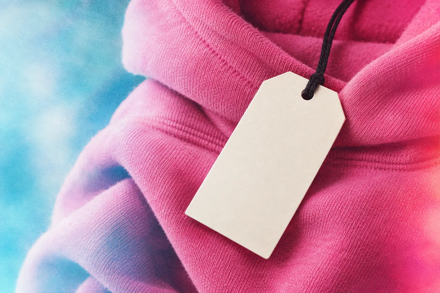 Blank cream hang tag tied to a folded pink hoodie