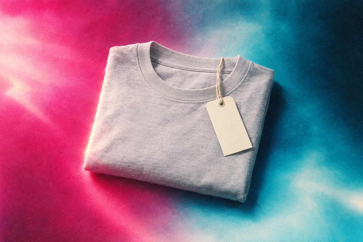 Folded grey t-shirt with a blank cream price tag on a magenta-to-cyan field