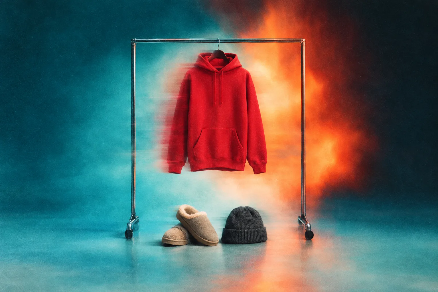 Red hoodie on a chrome rail above slippers and a beanie, cyan and fire bloom