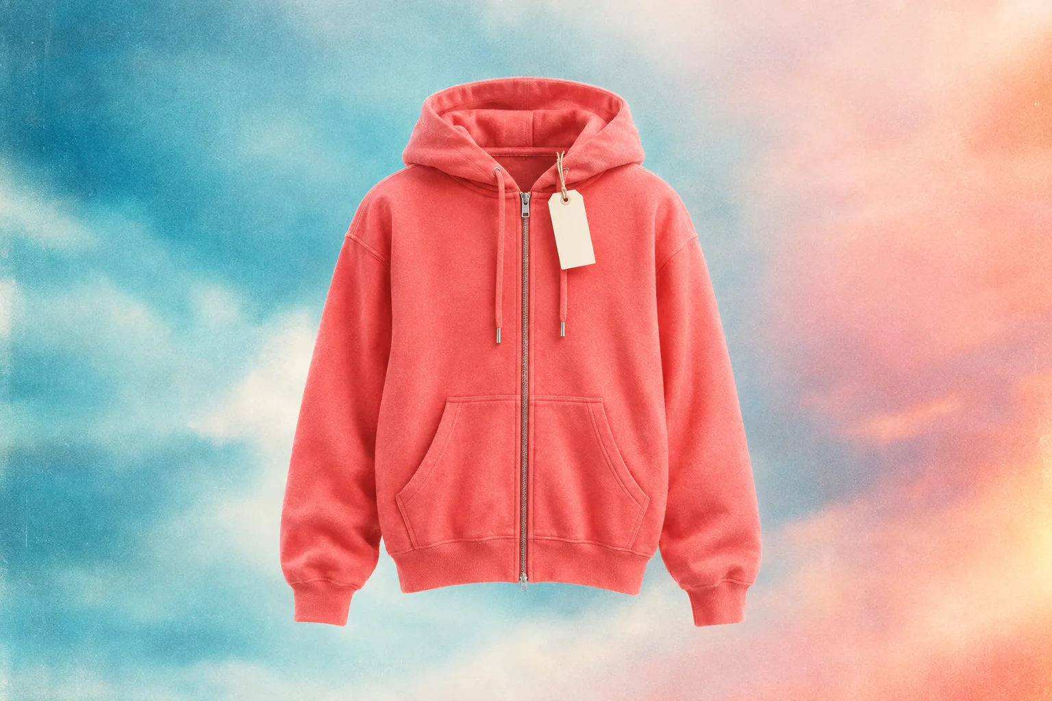 Coral zip hoodie with a blank hang tag on an ice-blue to peach sky