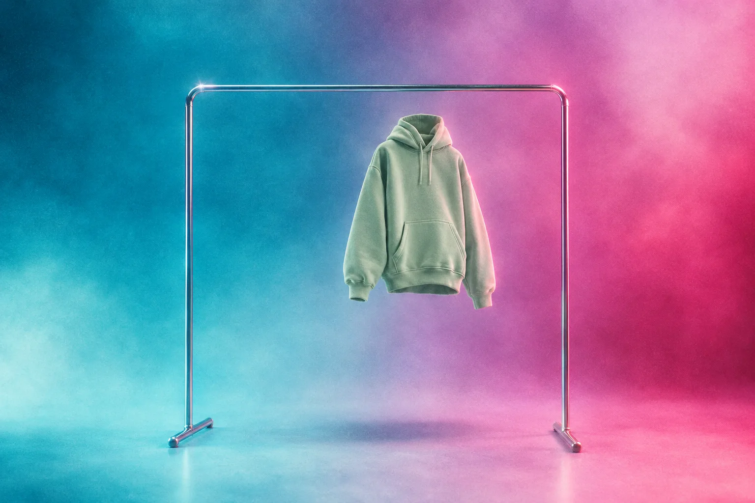 Single sage hoodie floating on an empty chrome rail against a cyan-to-magenta field