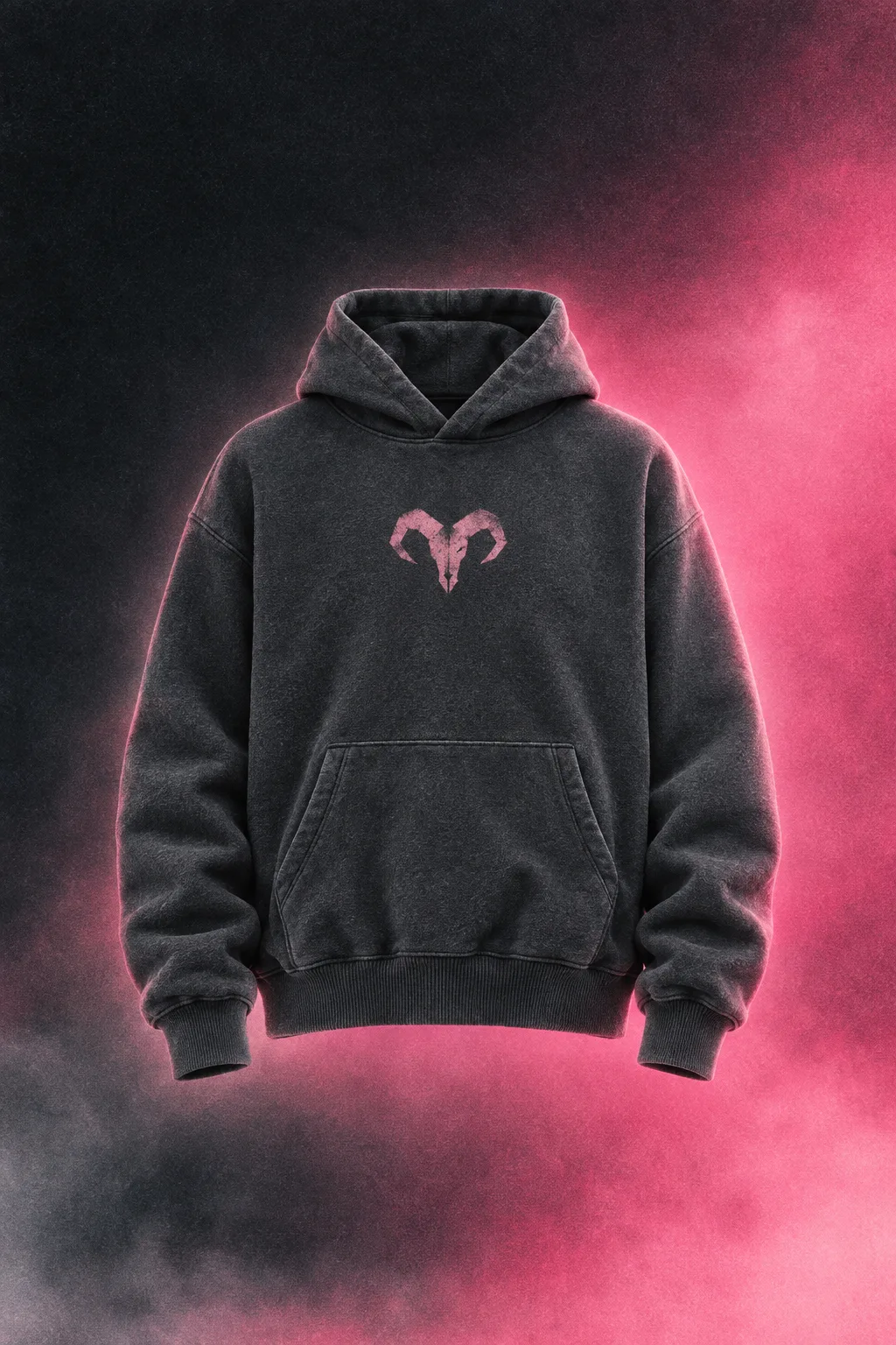 Charcoal fleece pullover hoodie with a dusty-pink ram chest logo on a charcoal-to-pink gradient
