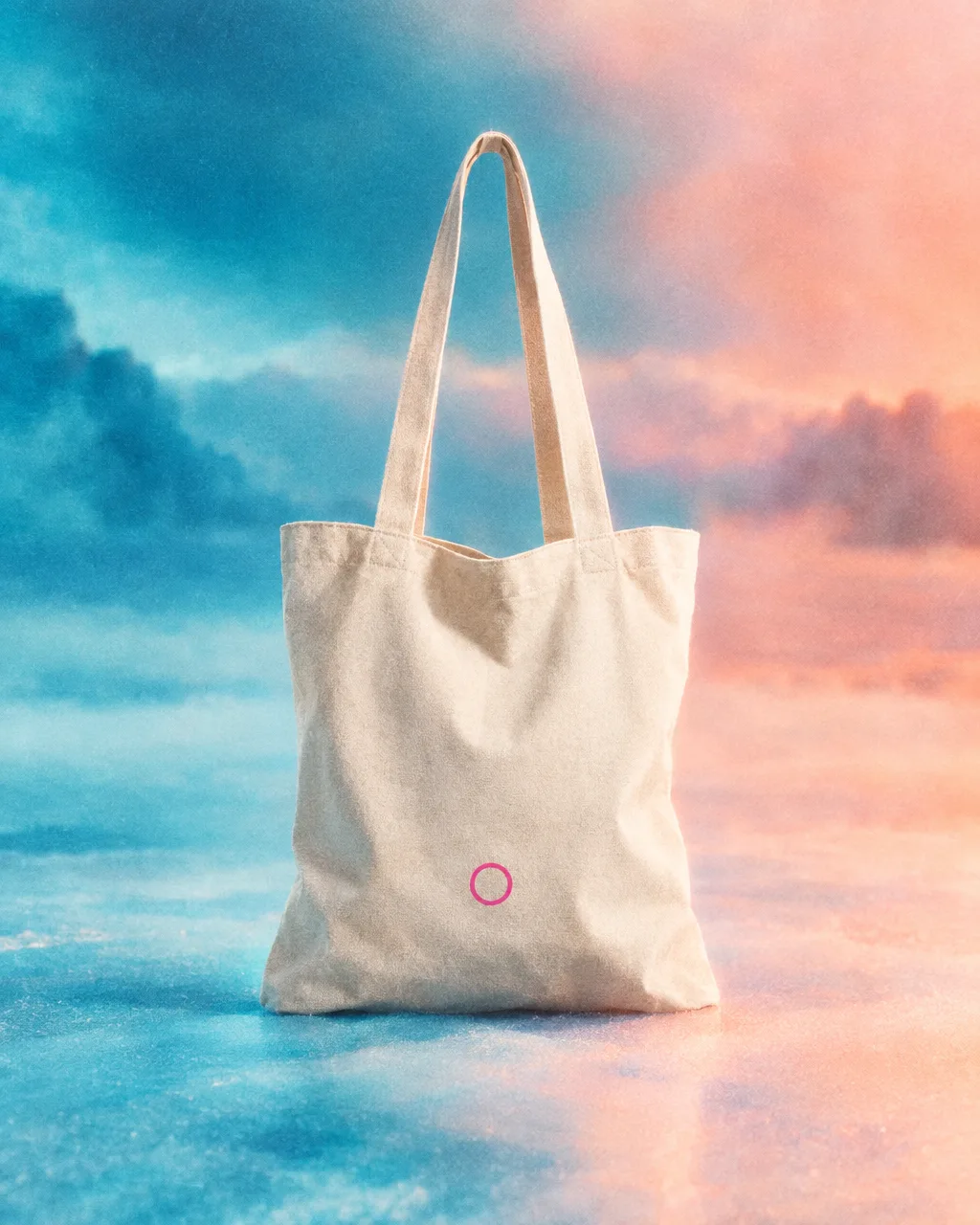 Natural canvas tote with a small magenta circle on an ice-blue field