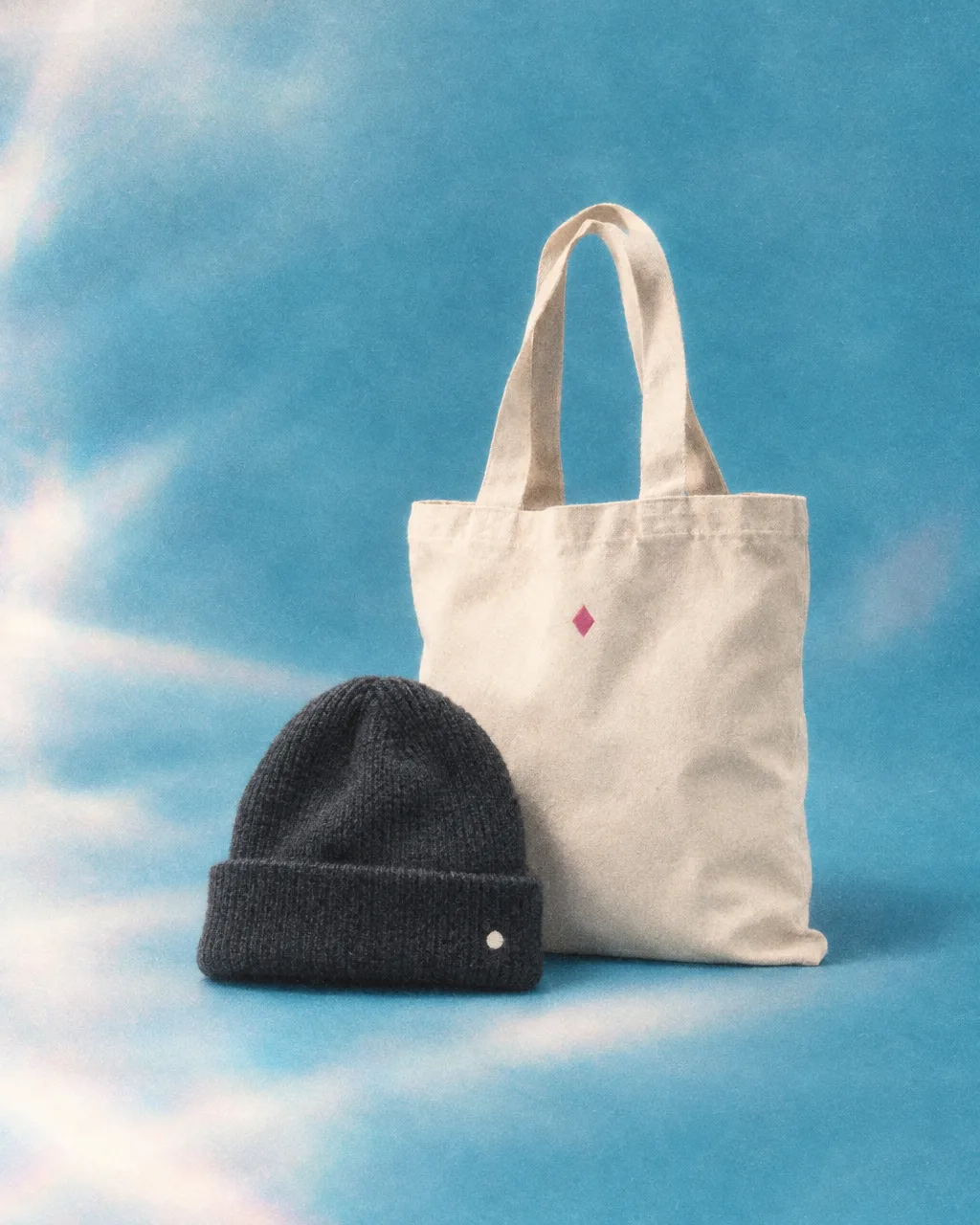 Charcoal beanie with a cream dot and a canvas tote with a magenta diamond on ice blue