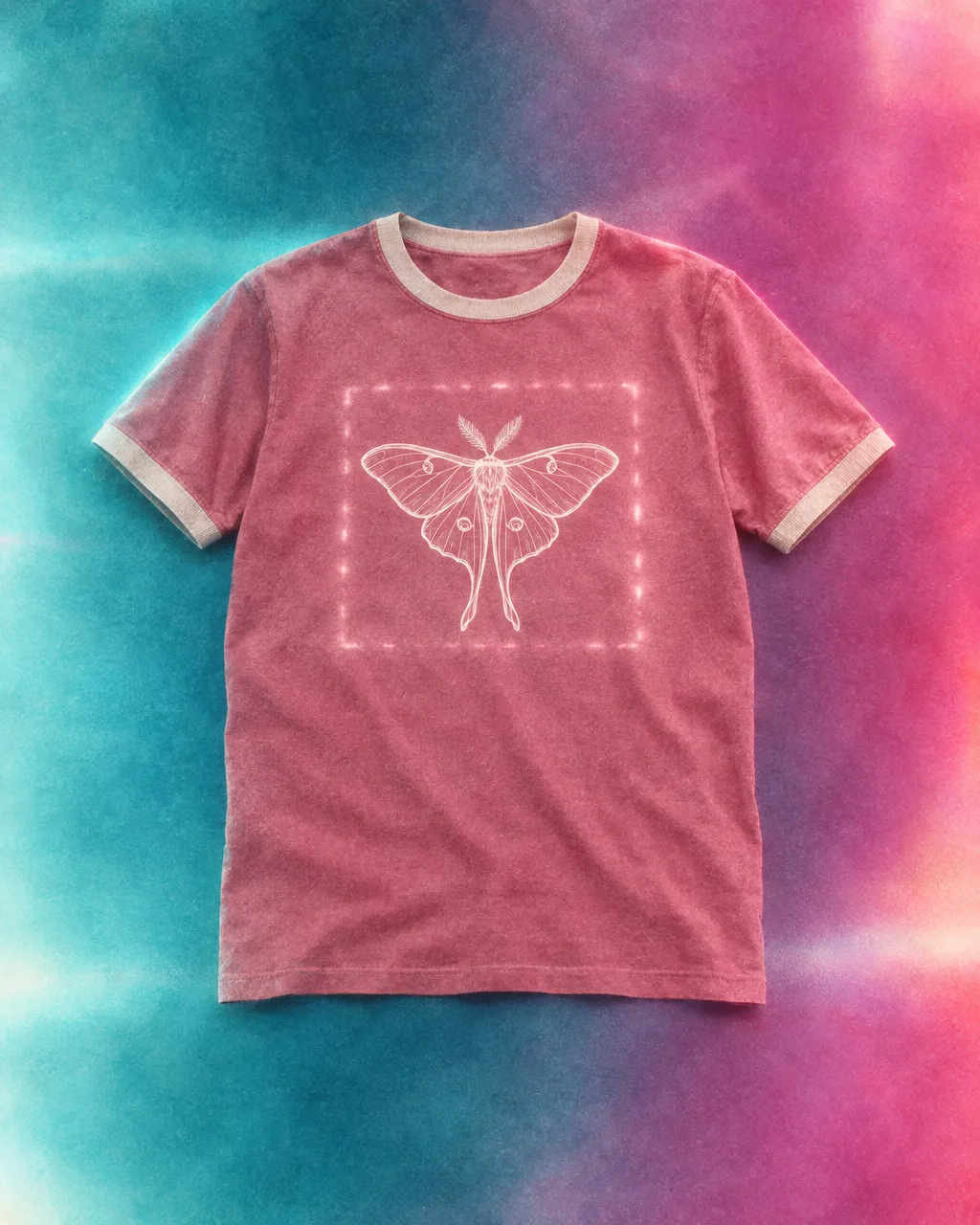 Dusty rose ringer tee with a white moth print framed by a soft dashed glow
