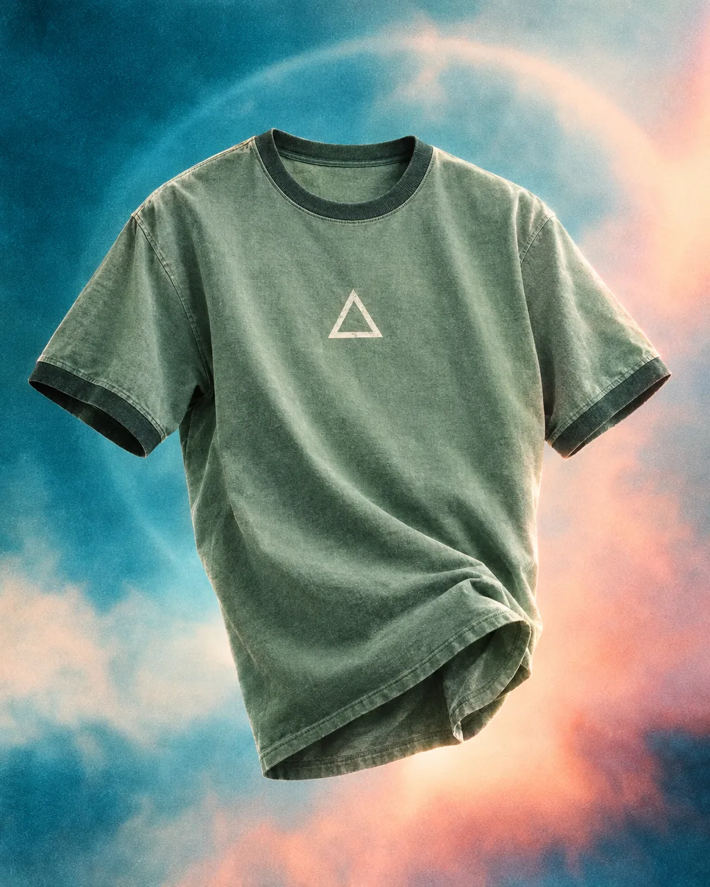 Sage garment-dyed ringer tee with a hollow triangle logo, twisted at the hem