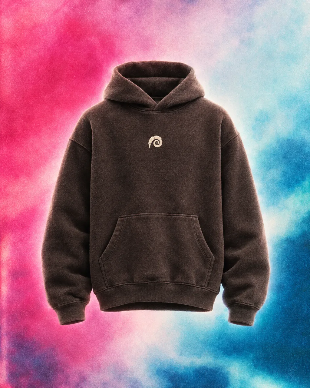 Charcoal brown pullover hoodie with a cream spiral logo on a pink and ice-blue wash