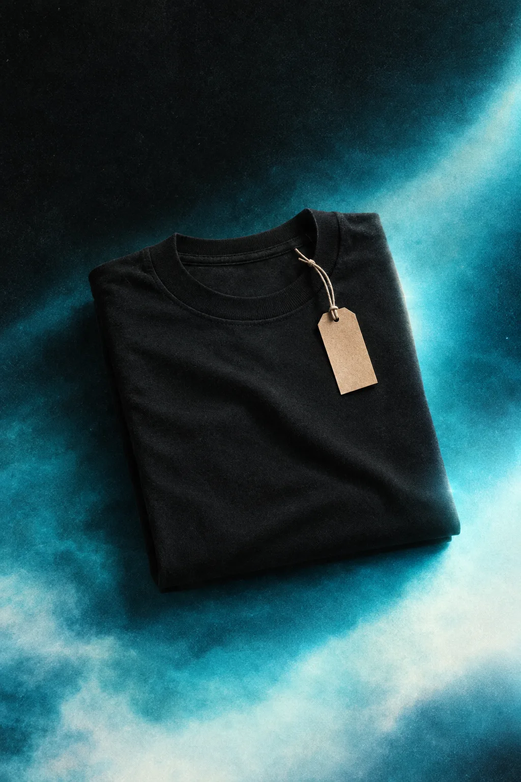 Folded black t-shirt with a blank kraft paper price tag on a charcoal-to-cyan field