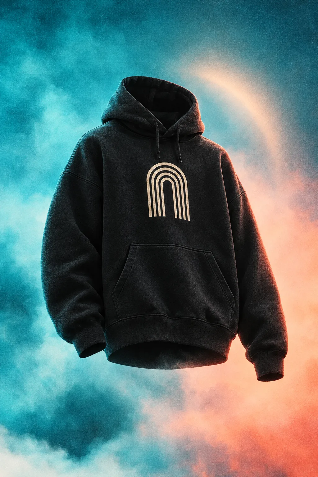 Black pullover hoodie with a cream geometric arch on a cyan and peach wash