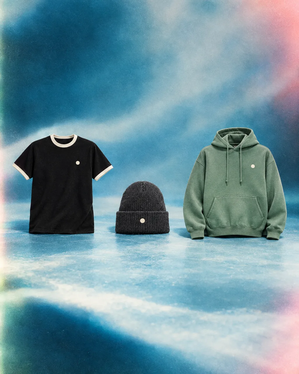 Studio merch lineup of a black ringer tee, charcoal beanie, and sage hoodie on ice blue