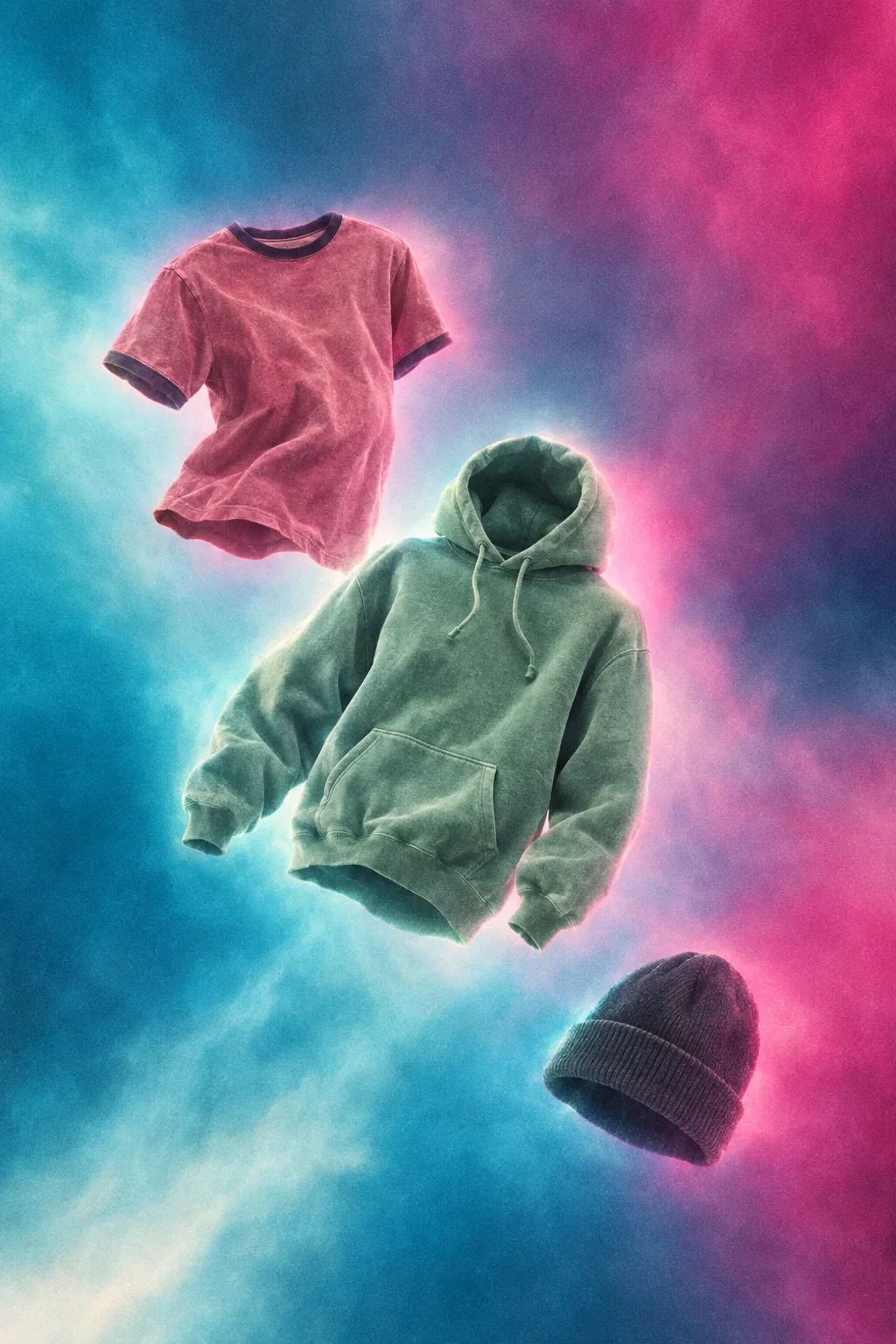 Ringer tee, sage hoodie, and beanie floating on a cyan-magenta field — merch without a warehouse