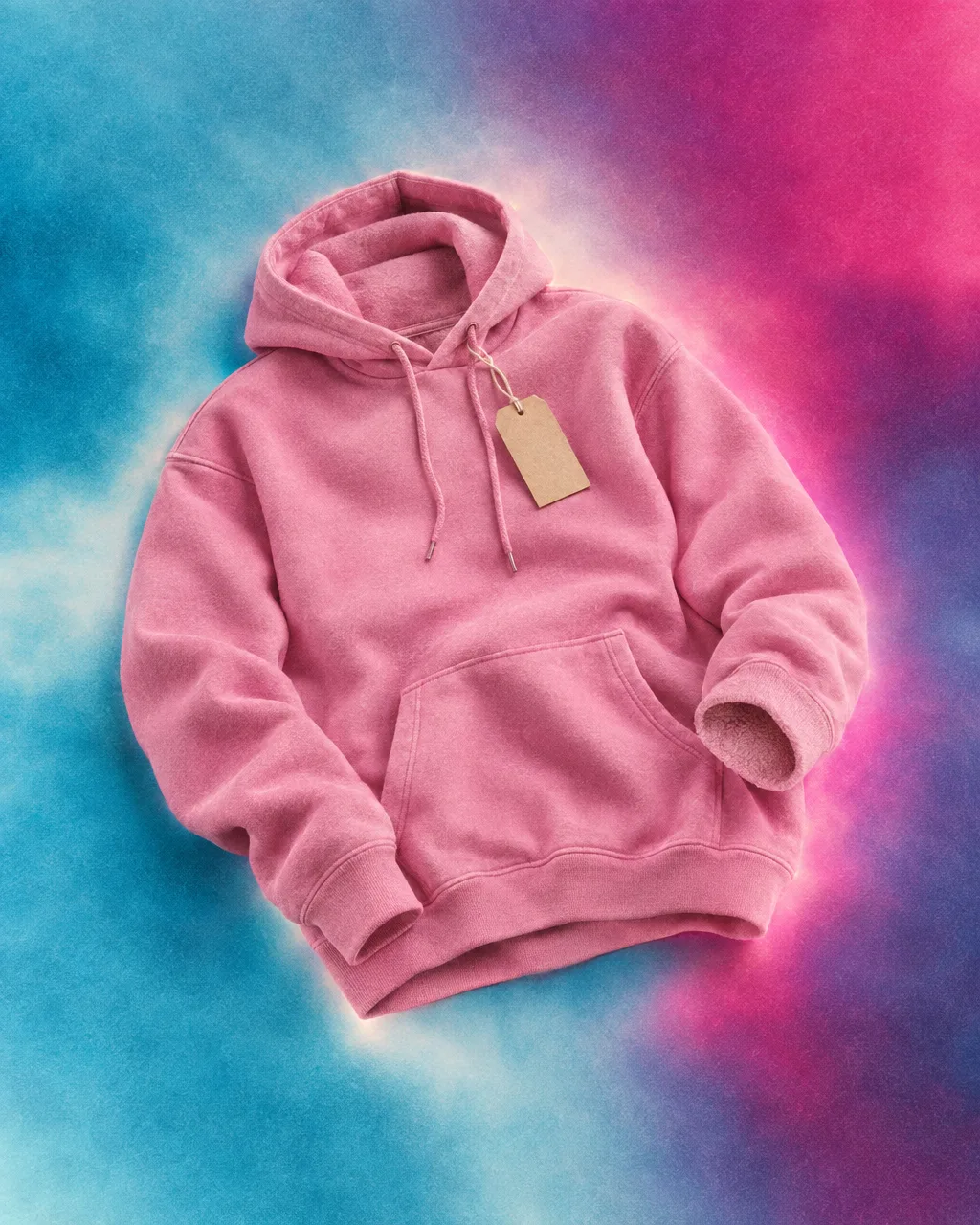 Single dusty-pink hoodie with a blank kraft tag after a paid order, not a carton of sizes