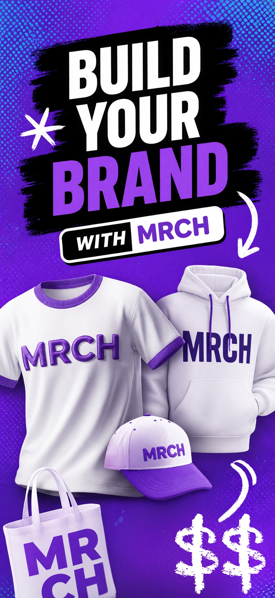 MRCH App Store screenshot: Build your brand with t-shirt, hoodie, cap, and tote mockups