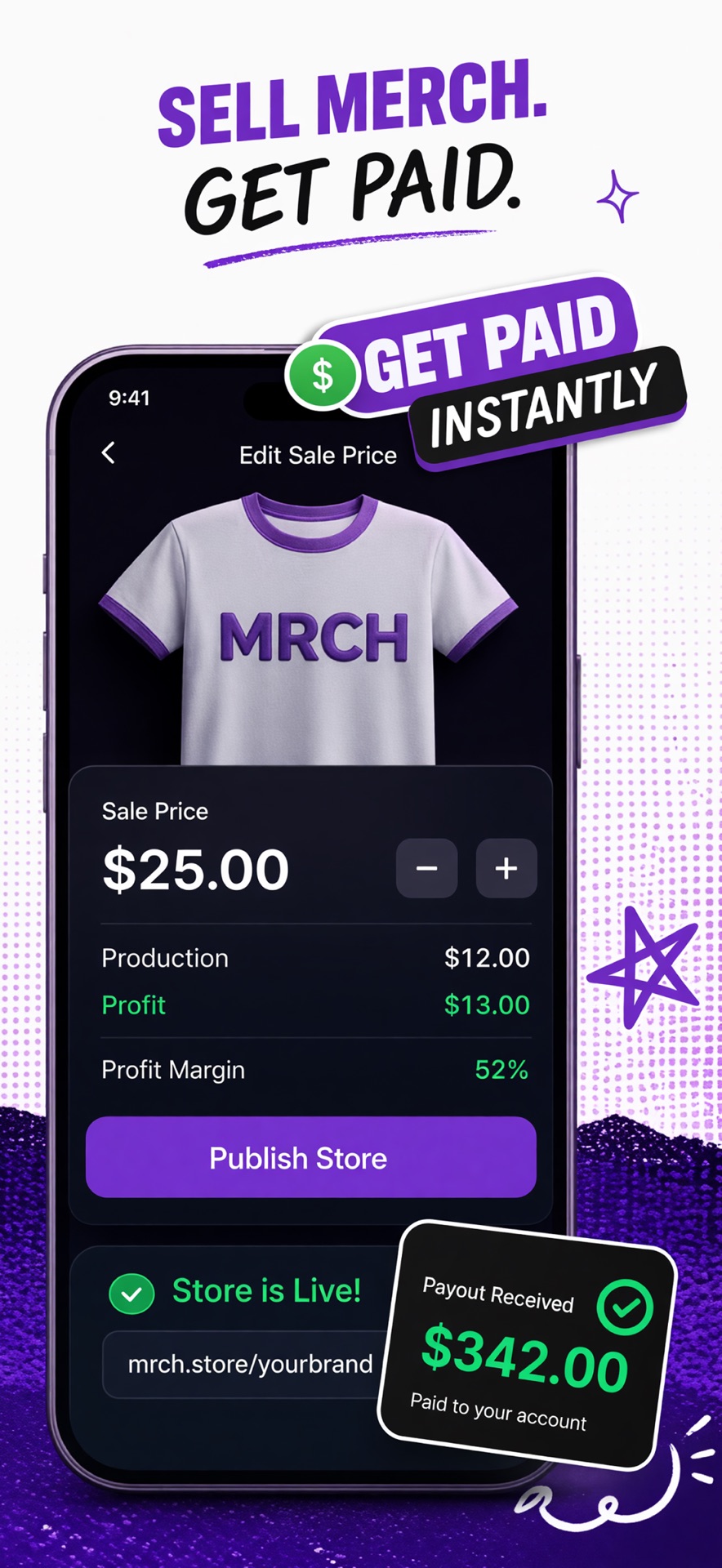 MRCH App Store screenshot: Set a sale price, see profit, and publish a live store