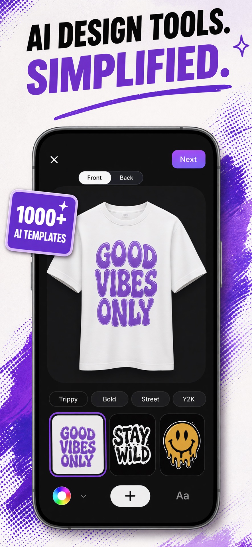 MRCH App Store screenshot: AI design tools on a t-shirt canvas with style templates