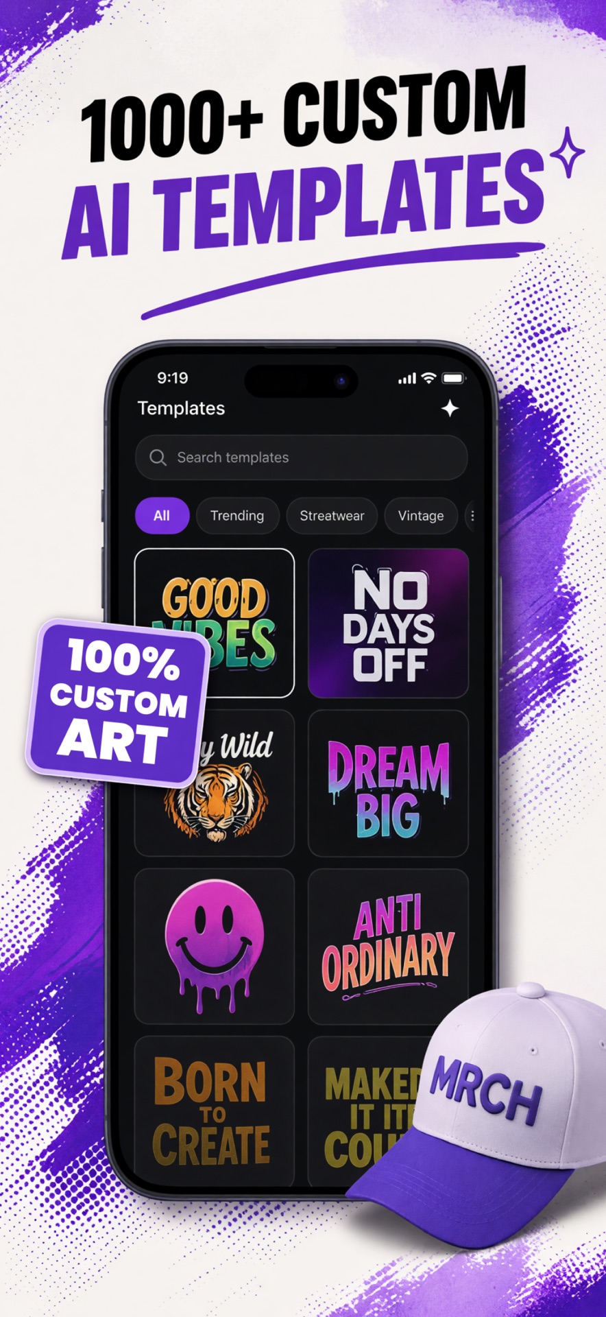 MRCH App Store screenshot: Browse custom AI merch templates