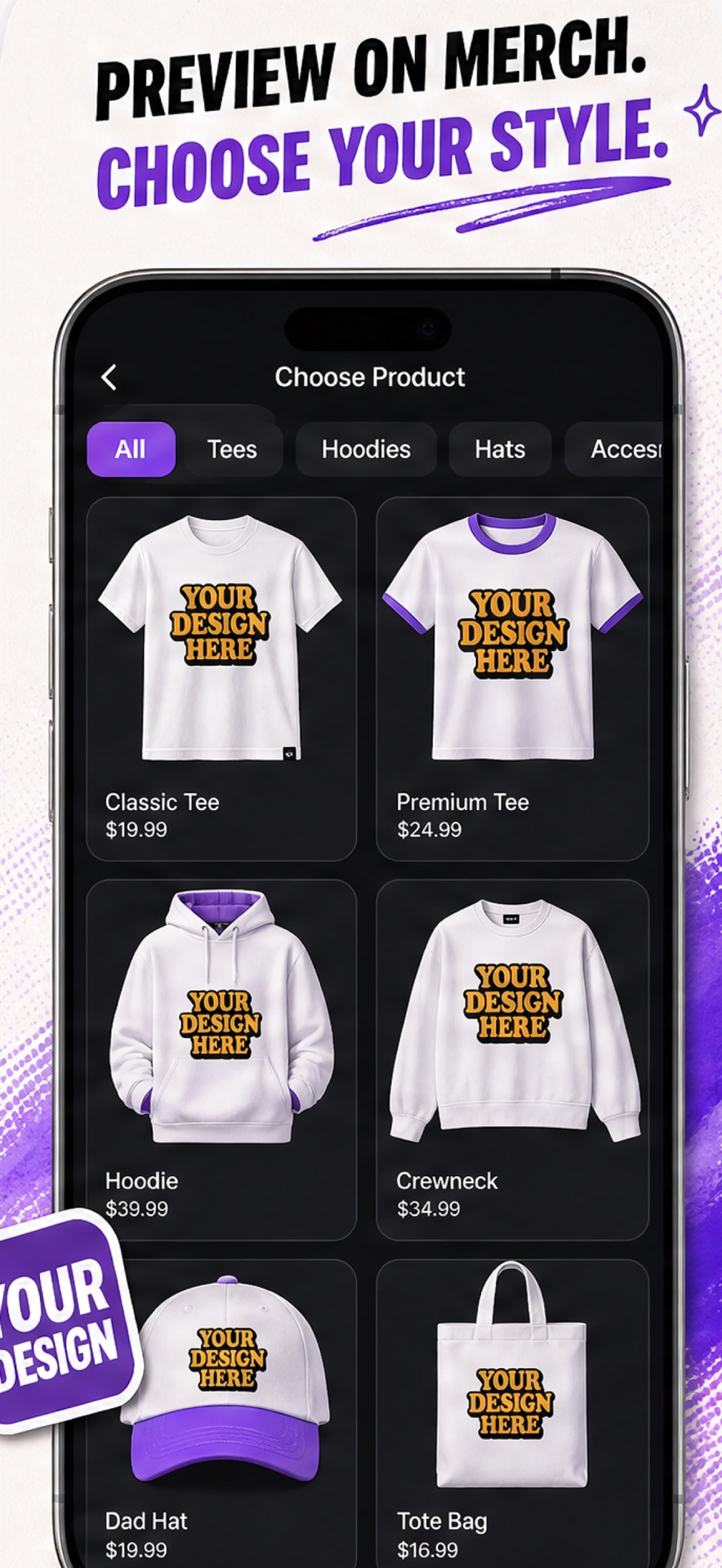 MRCH App Store screenshot: Preview a design on tees, hoodies, hats, and totes