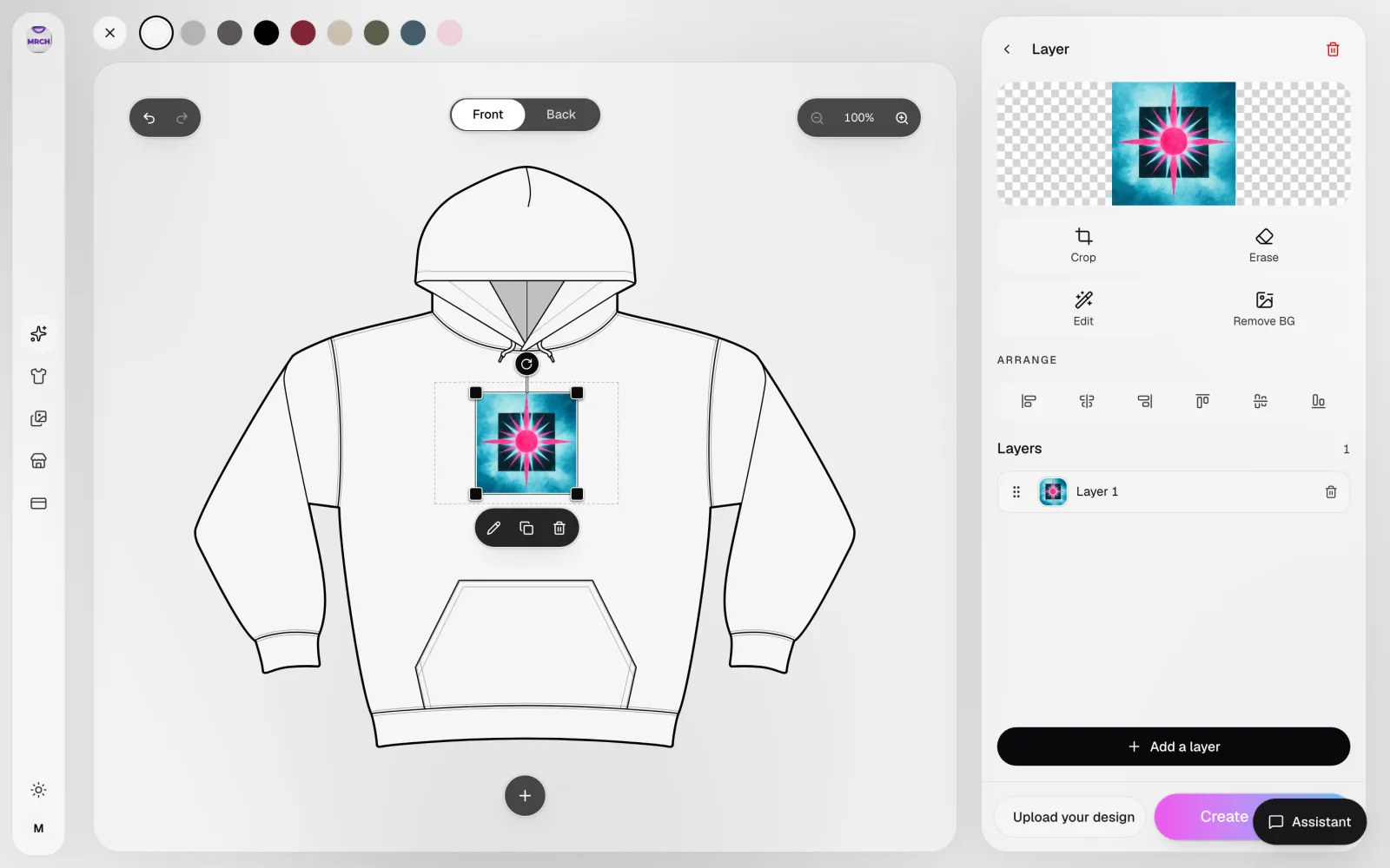 MRCH canvas showing a design applied to a hoodie, with the print-area box sitting on the chest above the kangaroo pocket