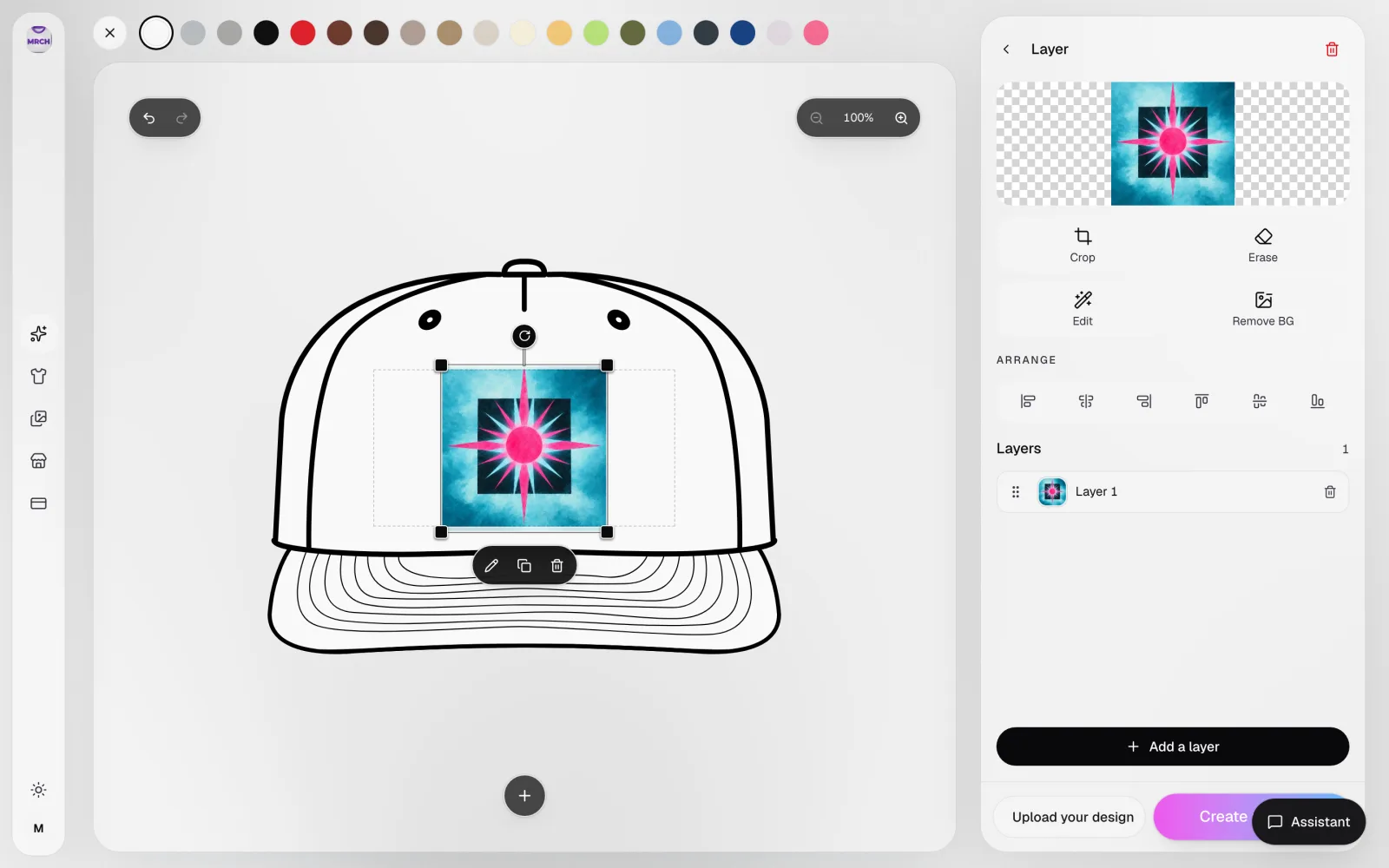MRCH canvas with a square design placed on a Surf Cap, sized to the height of the short, wide print-area strip but too narrow to use its full width