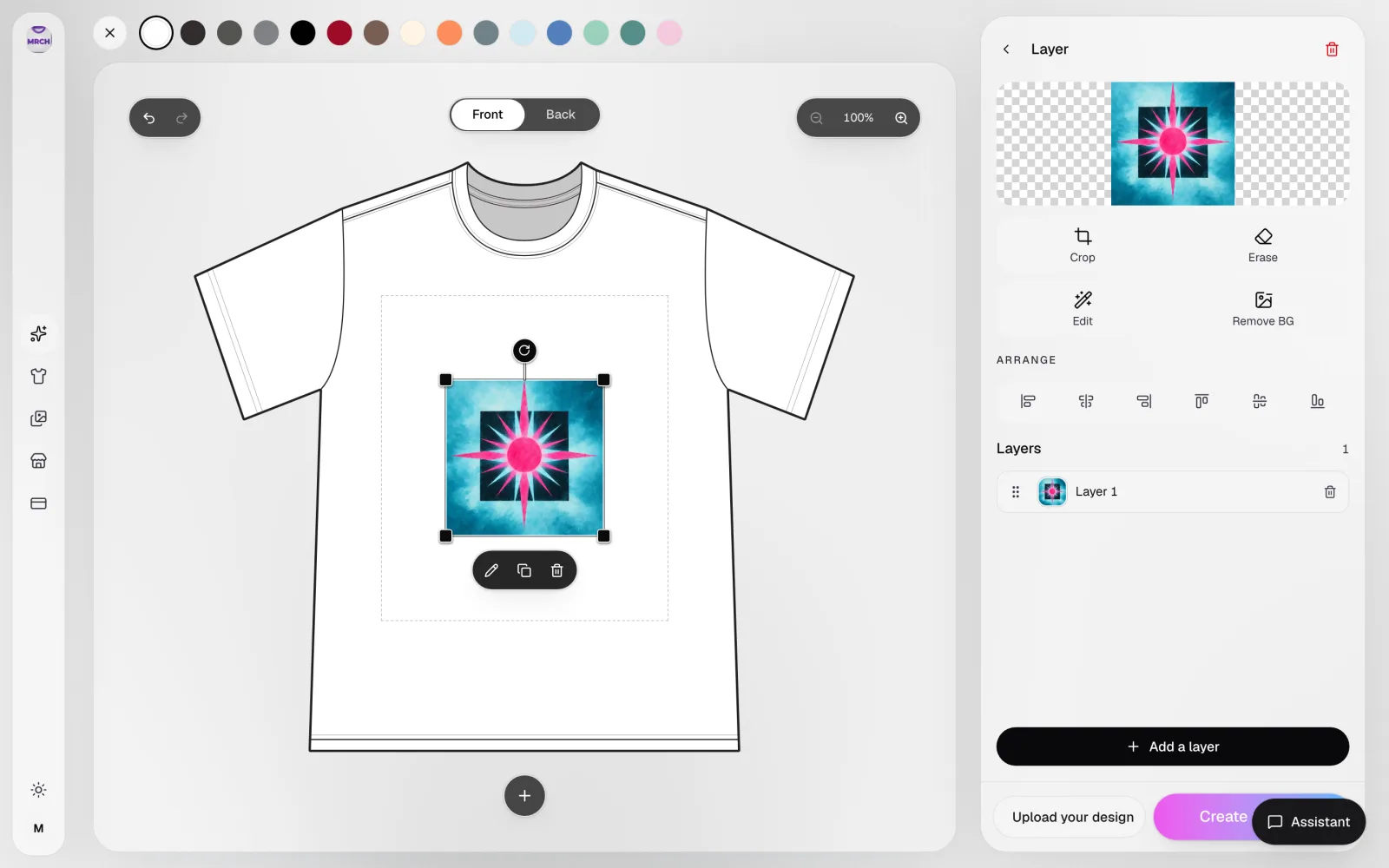 MRCH canvas with a design placed on a tee's print area, showing zoom controls, the Front/Back toggle, and a Layer panel with Crop, Erase, Edit, and Remove BG