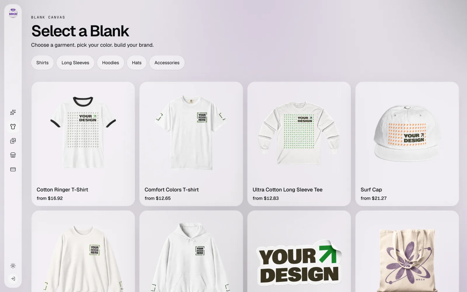 MRCH blanks catalogue grid with category filters for Shirts, Long Sleeves, Hoodies, Hats, and Accessories, and real from-prices