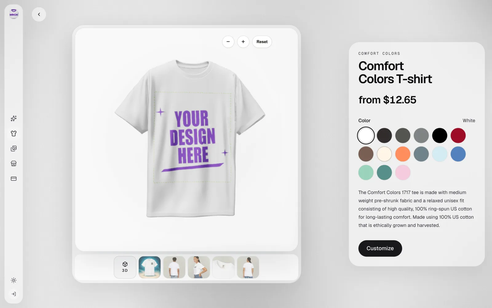 MRCH garment detail screen for a Comfort Colors T-shirt showing "from $12.65," 15 colour swatches, a 3D view toggle next to model photos, fabric copy, and a Customize button
